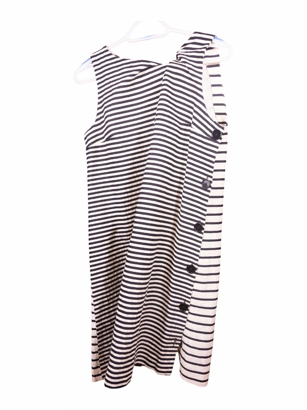 Max Mara Sleeveless Black & White Striped Shift Dress with Side Buttons